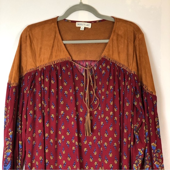 Tassels N Lace Boho Gypsy Floral Western Style Long Sleeve Dress - Picture 2 of 10